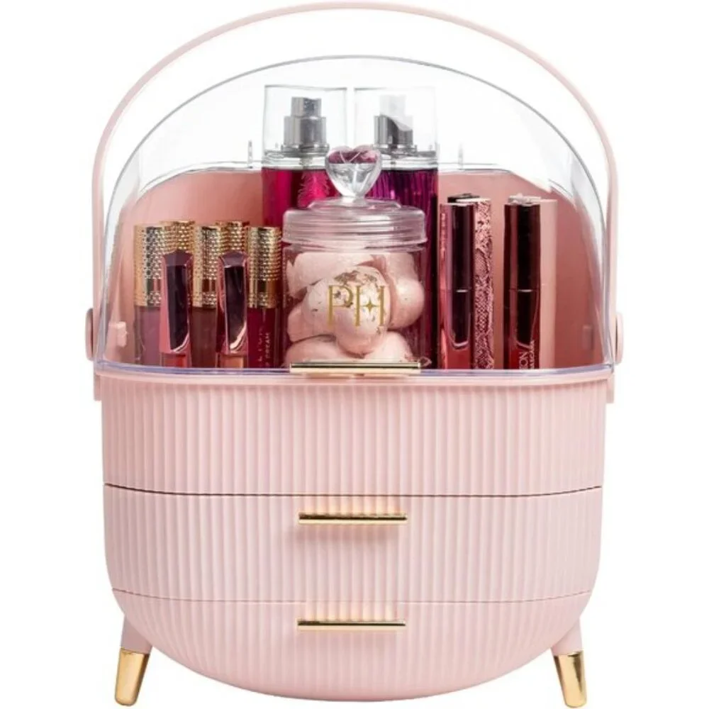 New Pink Makeup Storage Organizer, Standard Size Cosmetic Box with Dustproof Lid